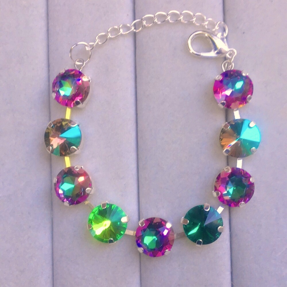 Iridescent Emerald + Fuchsia Heliotrope Silver Crystal Tennis Bracelet - Picture 5 of 8